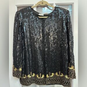 Vintage STENAY 100% Silk 80’s All Over Sequin Beaded Jacket  Black Gold Size XL